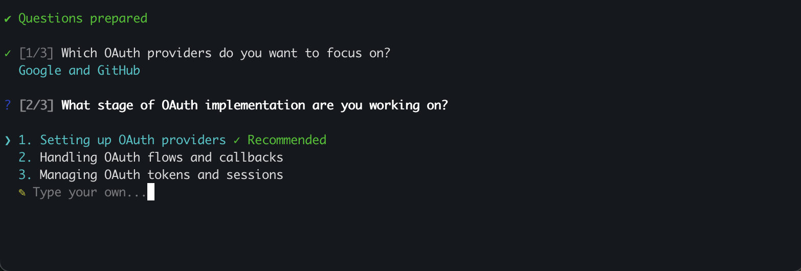 AI-generated clarifying questions with recommended options to focus the skill content