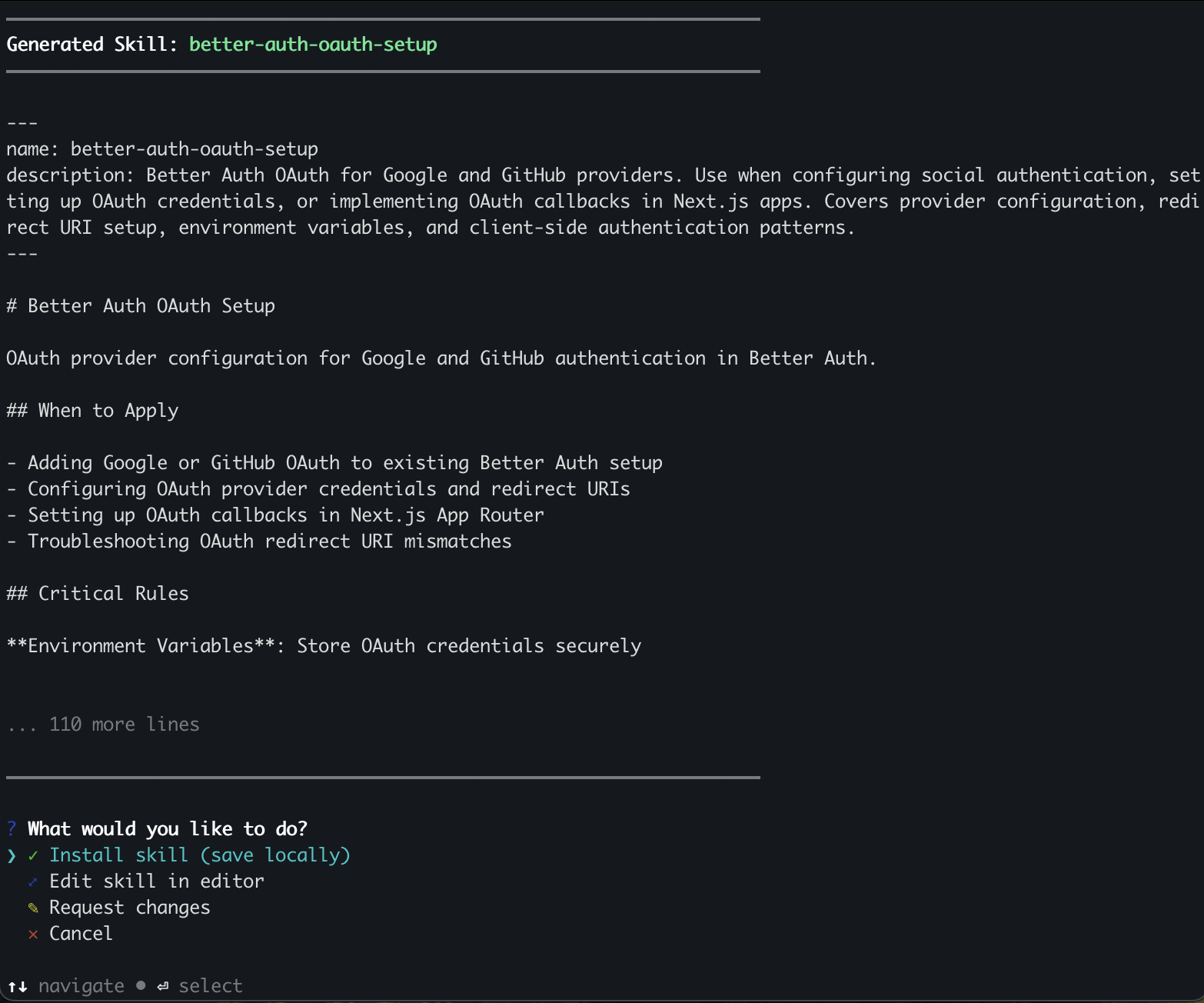 Generated skill preview with options to install, edit in editor, request changes, or cancel