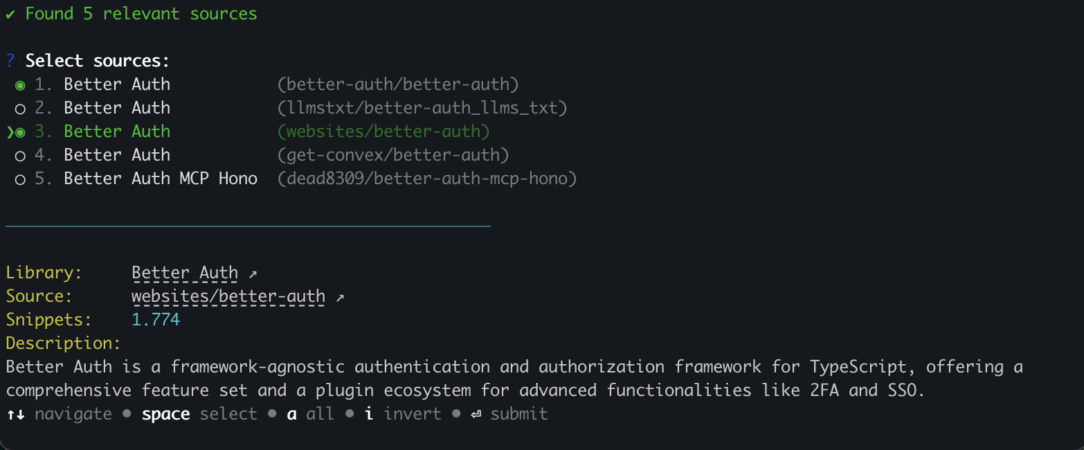 Interactive checkbox list showing available documentation sources with snippet counts and descriptions